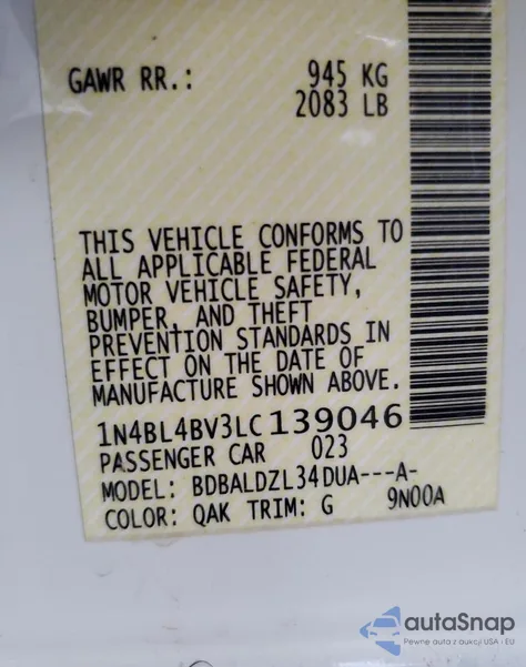 2020 Nissan Altima S z USA, uszkodzony, nr VIN 1N4BL4BV3LC139046